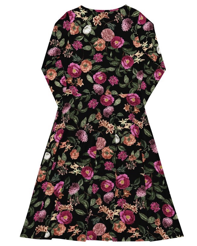 Dark Tropic Romance Long Sleeve Midi Dress, Black / Black, alternate image number null