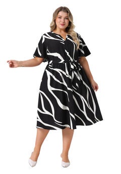 Short Sleeve Notched V Neck Tie Waist Print Dress with Pockets