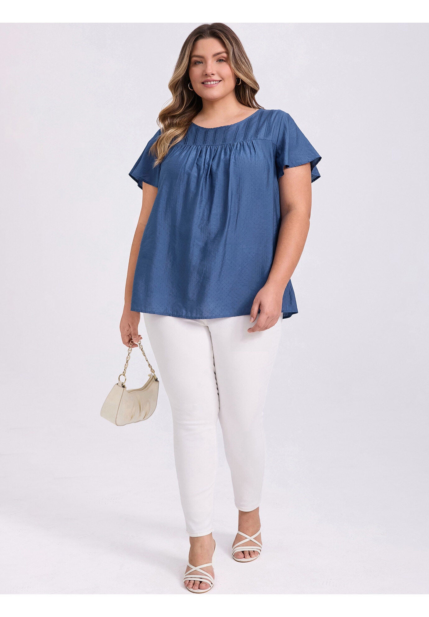 Summer Blouse Texture Ruffle Short Sleeve Toothpick Pleated Top, Dark Blue / Navy, alternate image number 1