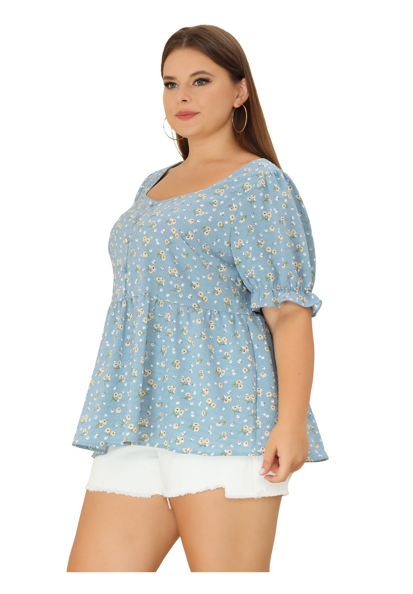 Sweetheart Neck Floral Peplum Top, Blue / Light Blue, hi-res image number 0