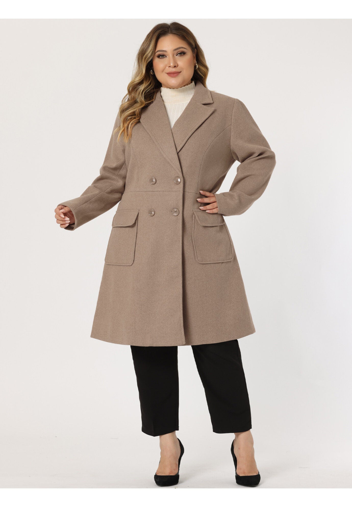 NOTCH LAPEL DOUBLE BREASTED PEA TRENCH COAT, Light Brown / Brown, hi-res image number 0