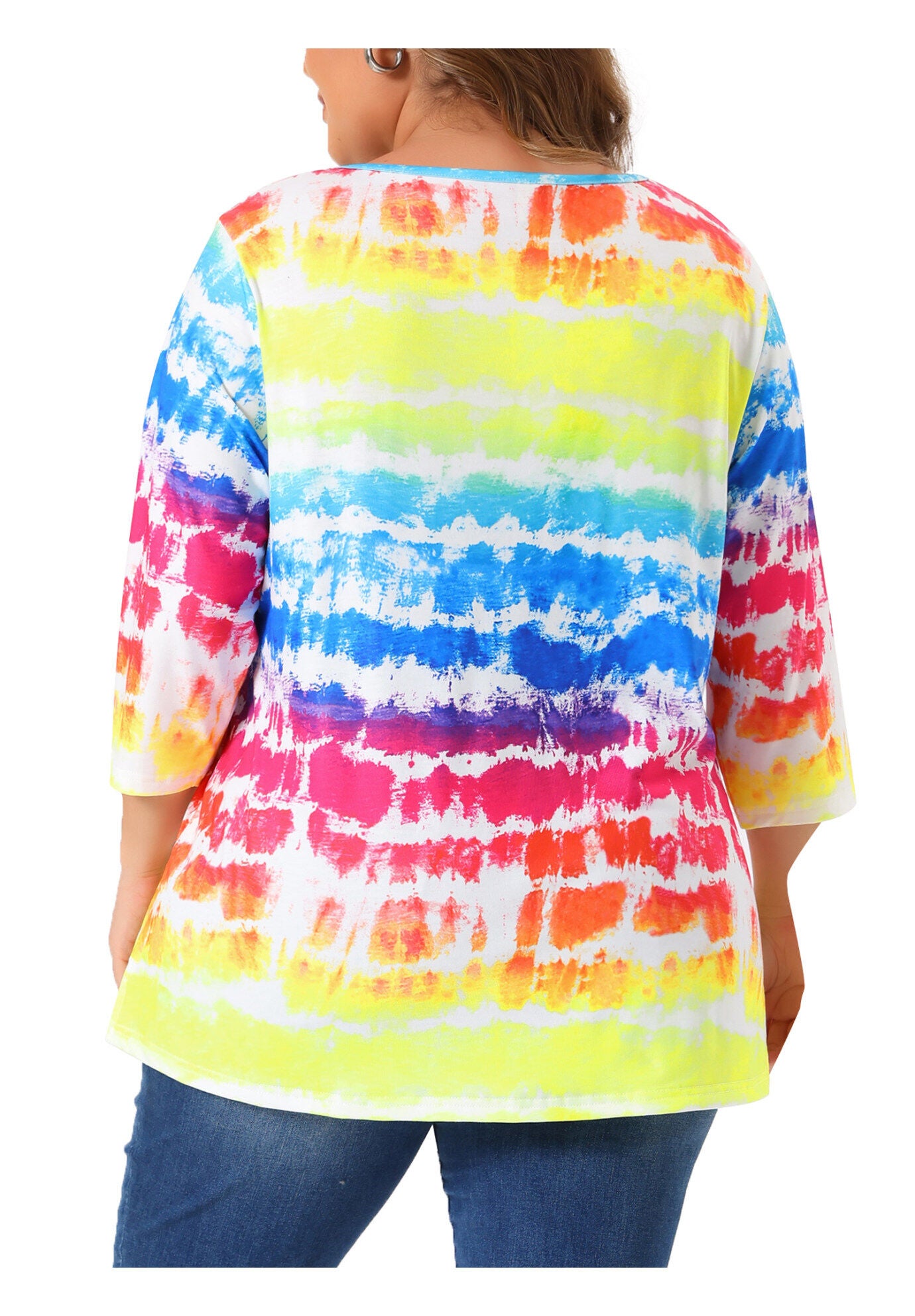 V Neck 3/4 Sleeve Loose Casual Striped Tie Dye Print T-Shirt Top, Rainbow / Yellow, alternate image number 3
