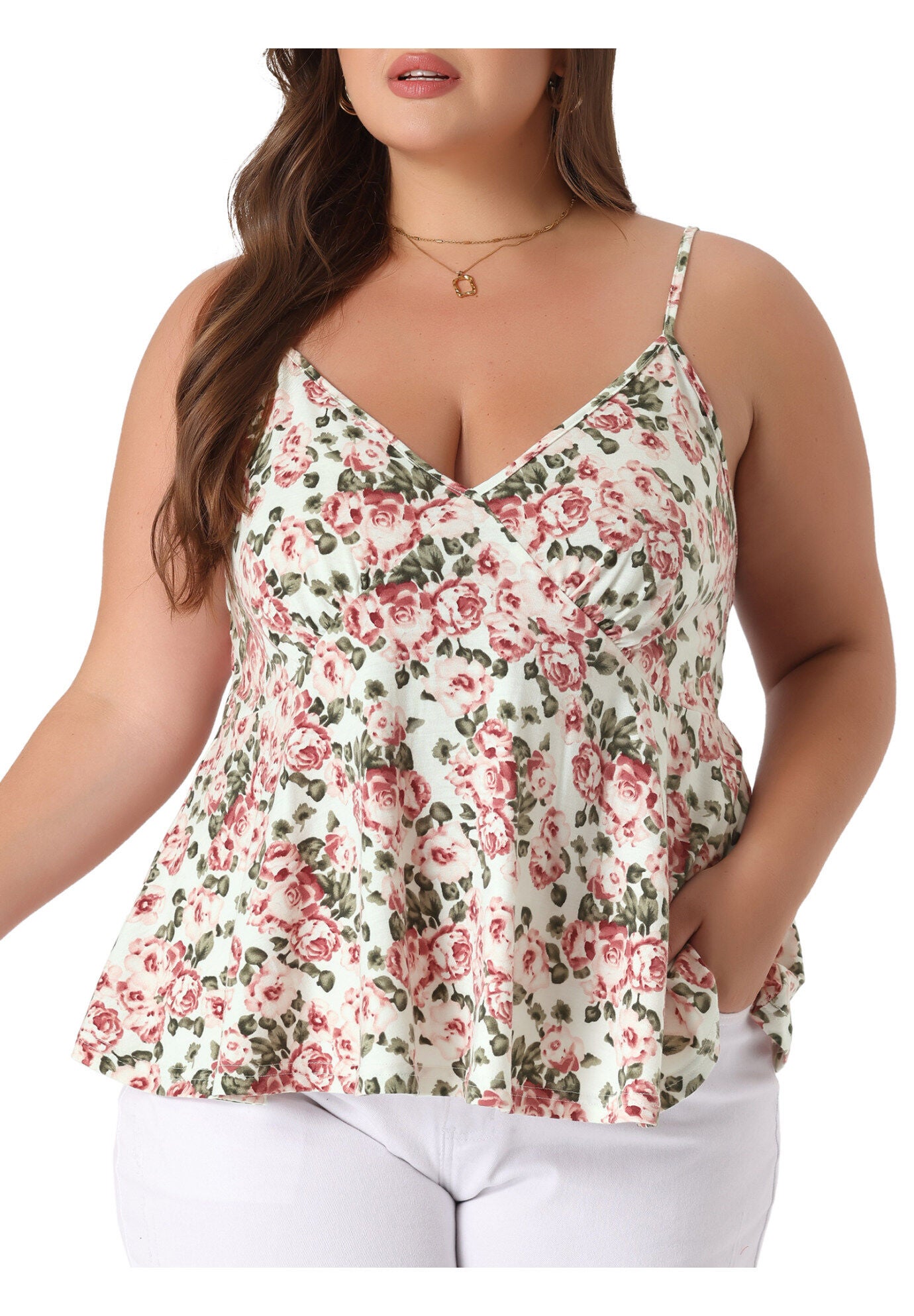 Casual Cami Spaghetti Strap V Neck Sleeveless Top, White / White, alternate image number 1