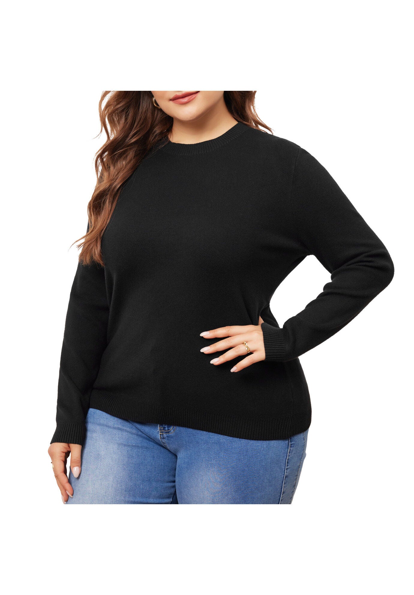 Long Sleeve Crewneck Knit Sweater Tee Top, Black / Black, alternate image number 2