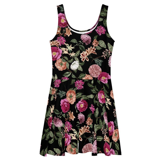 Dark Tropic Romance Skater Dress, Dark Tropic Floral Print / Black, hi-res image number null