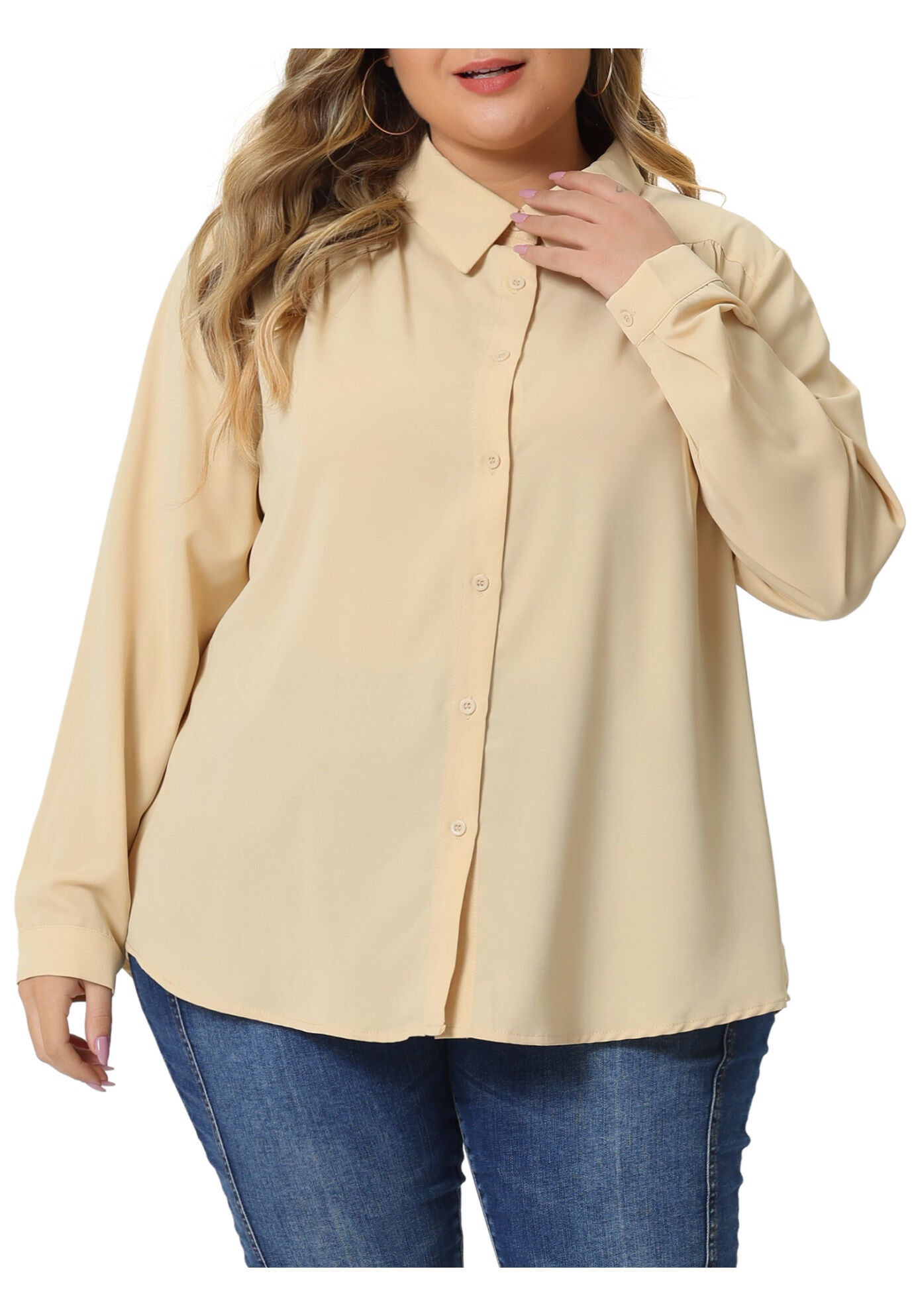 Button Down Long Sleeve Classic Shirt, Apricot / Cream, alternate image number 1