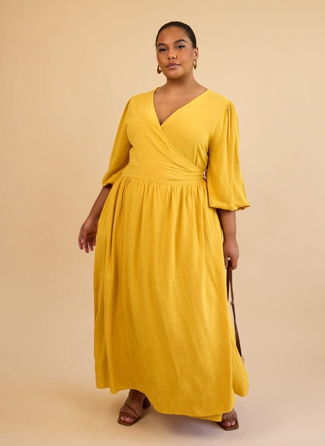 BETTE LINEN BALLON SLEEVE MAXI A LINE DRESS | Dia & Co BETTE LINEN BALLON SLEEVE MAXI A LINE DRESS | Dia & Co