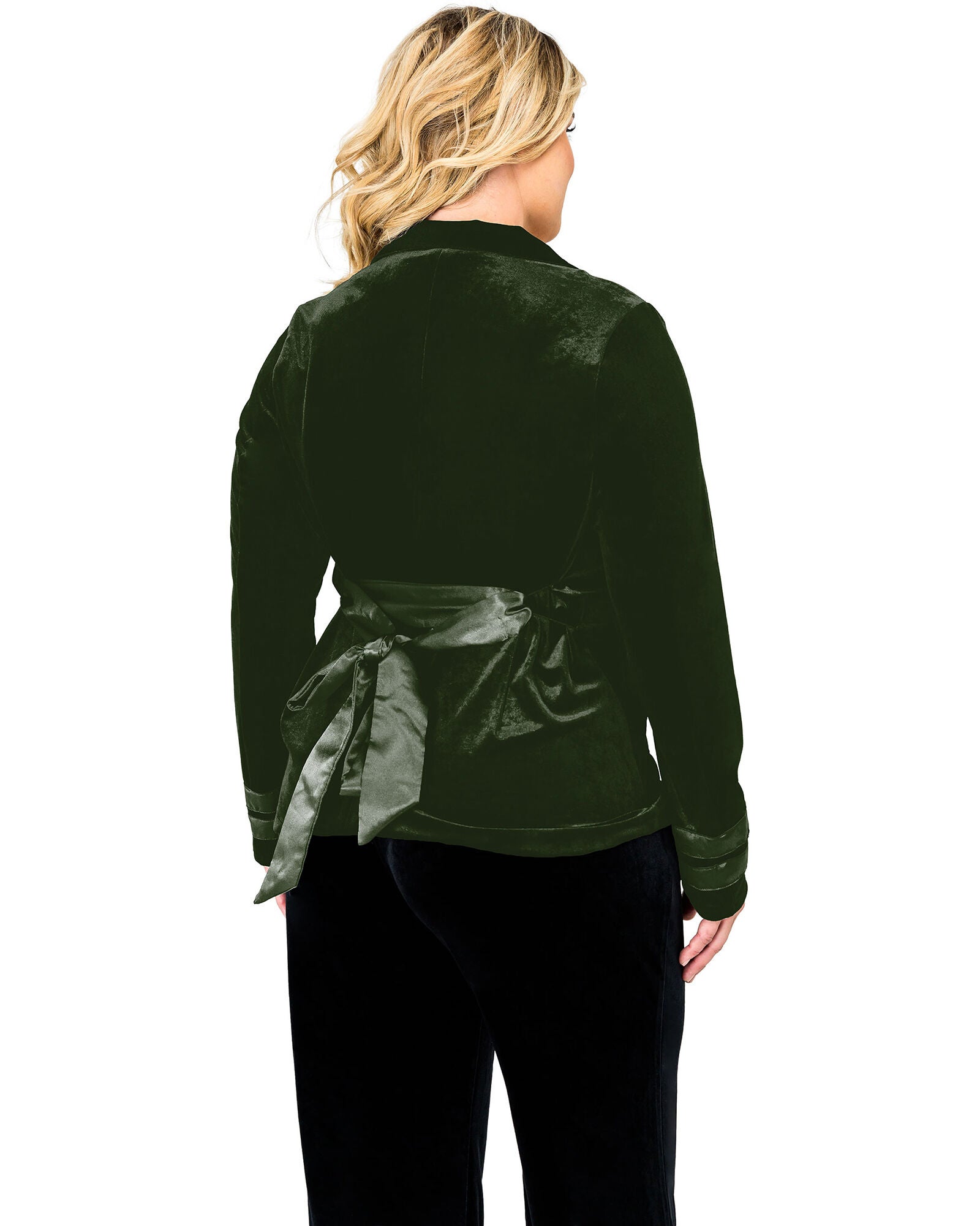 Plus Size Lottie Stretch Velvet Wrap Smoking Jacket With Satin Lapel And Satinbelt, , alternate image number 4