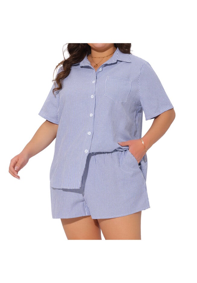 2 Piece Set Striped Collared Button Down Cotton Shirt Top and Shorts, Blue White / Light Blue, alternate image number 2