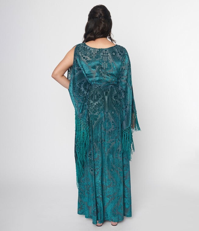 Unique Vintage Emerald Floral Fringe Flutter Sleeve Caftan, , alternate image number null