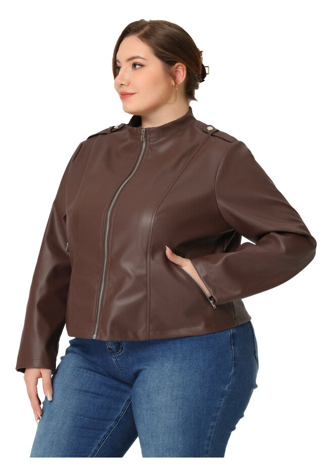 FAUX LEATHER MOTO BIKER ZIP UP JACKET, Brown / Brown, hi-res image number 0