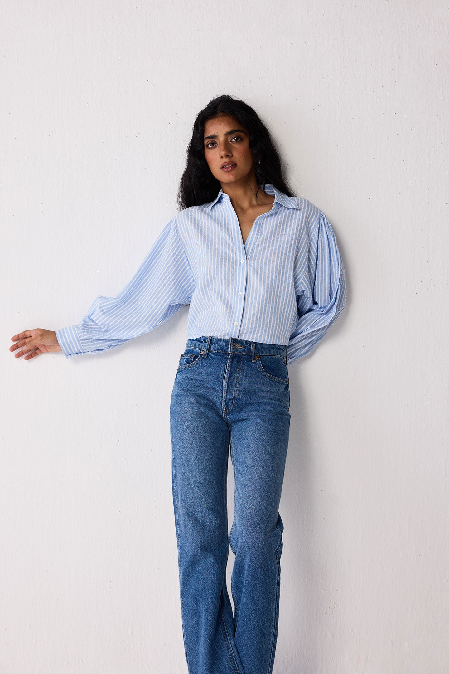 Striped Shirt with Long Balloon Sleeves in Blue, Cloudline / Light Blue, alternate image number 4