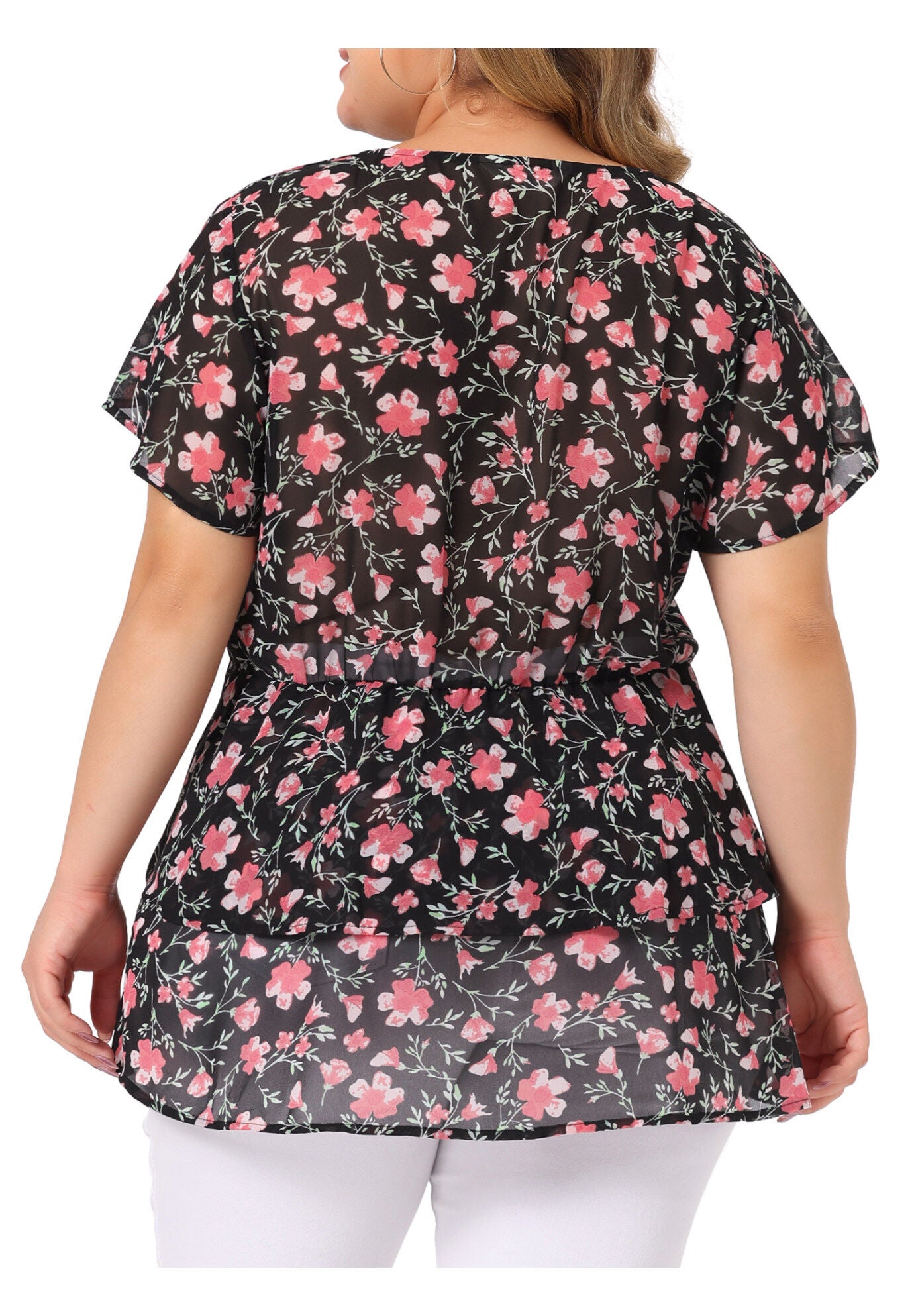 Short Sleeve Layered Casual Floral Blouse Summer Top, Black / Black, alternate image number 3