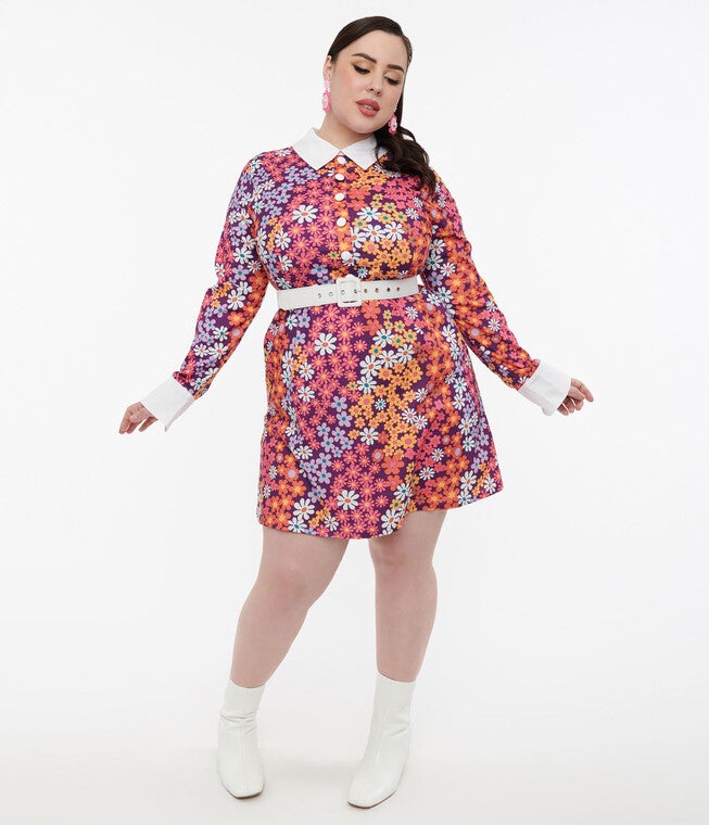 Barbie x Smak Parlour 1970s Purple Floral Short N Sweet Flare Dress, Purple Floral / Purple, hi-res image number 0