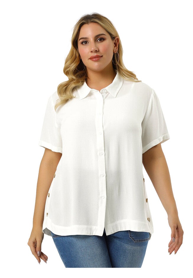 Short Sleeve Collar Button Front Work Shirt Top, White / White, hi-res image number 0