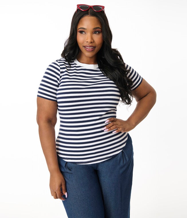 Unique Vintage Plus Size Navy & White Stripe Cotton Back To Basics Top, Navy / Navy, alternate image number 2
