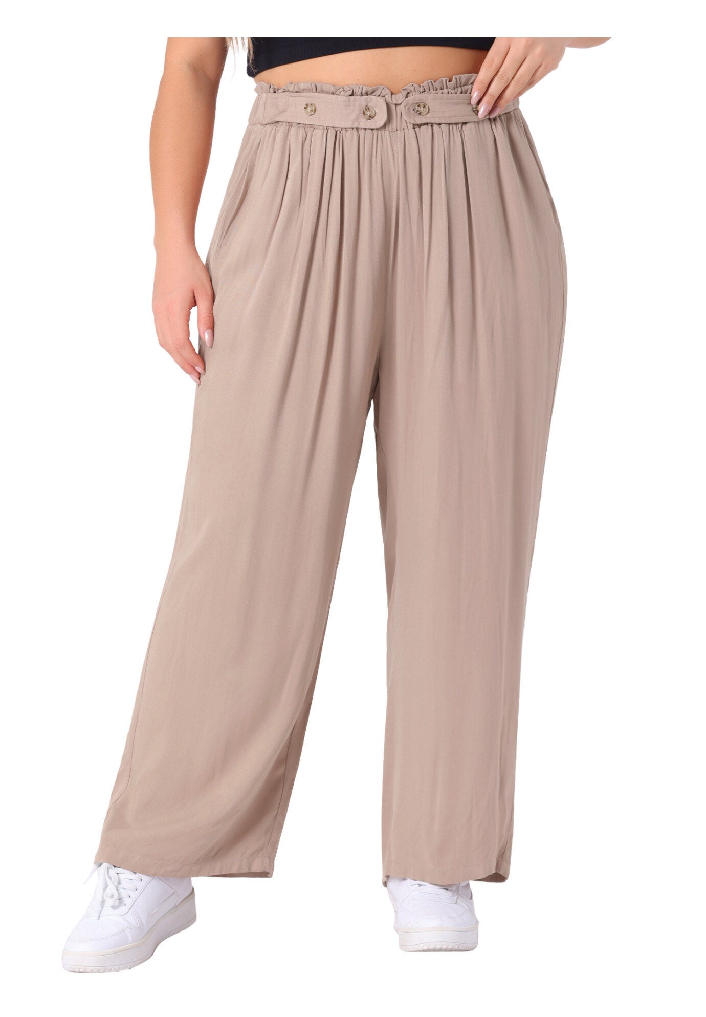 STRETCHY HIGH WAISTED WIDE LEG PALAZZO PANTS, Khaki / Brown, alternate image number 1