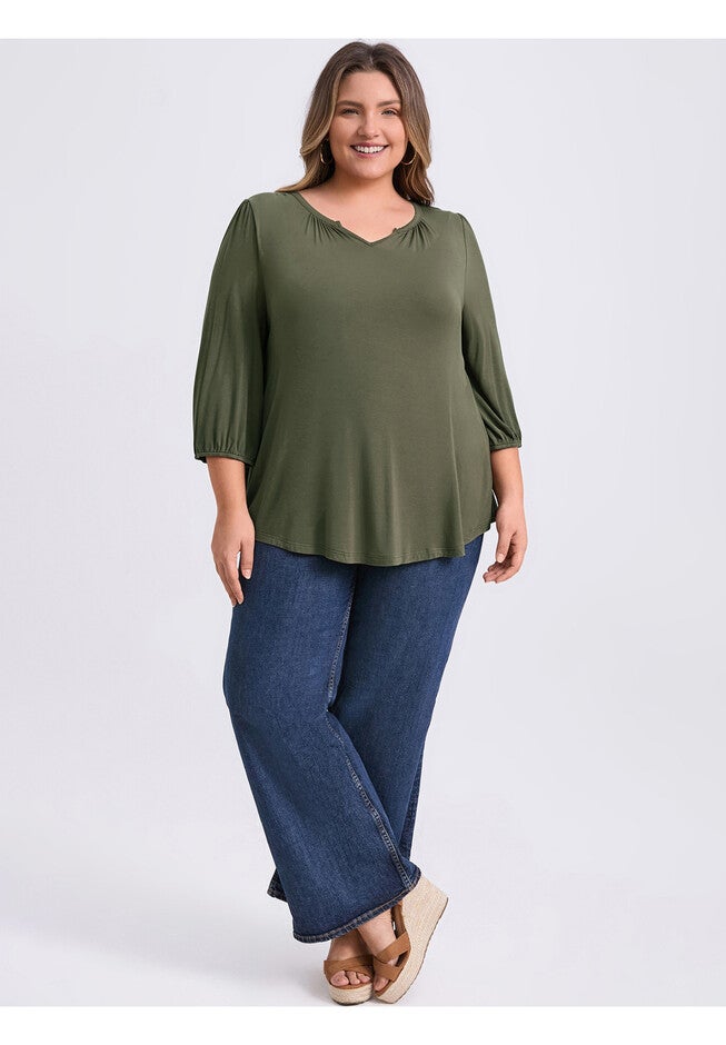 Smocked 3/4 Sleeve Notch V Neck Shirt Blouse, Army Green / Olive Green, alternate image number 1