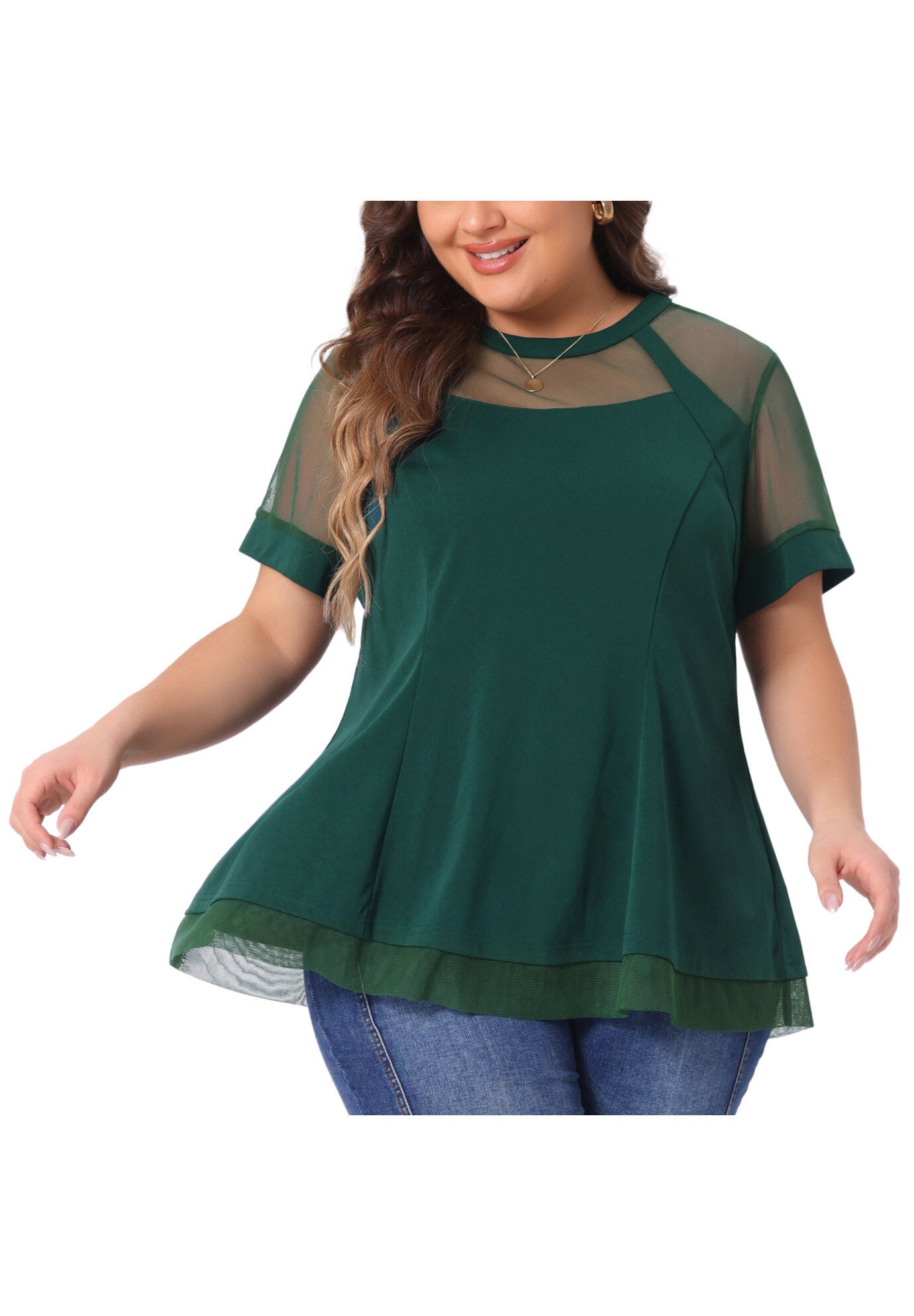 ROUND NECK SHORT SLEEVE MESH SHEER SUMMER PEPLUM TOP, Dark Green / Forest Green, alternate image number 2
