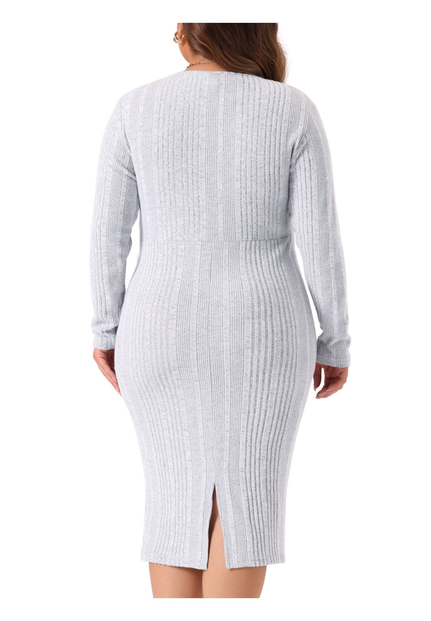 Wrap V Neck Long Sleeve Back Slit Elegant Midi Dress with Belted, Light Gray / Light Grey, alternate image number 3