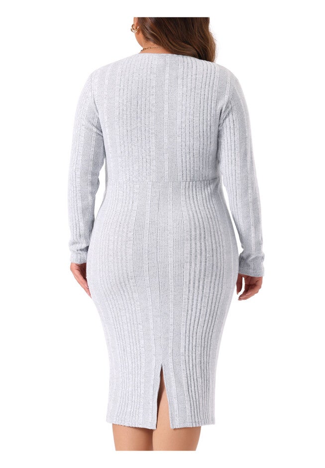 Wrap V Neck Long Sleeve Back Slit Elegant Midi Dress with Belted, Light Gray / Light Grey, alternate image number 3