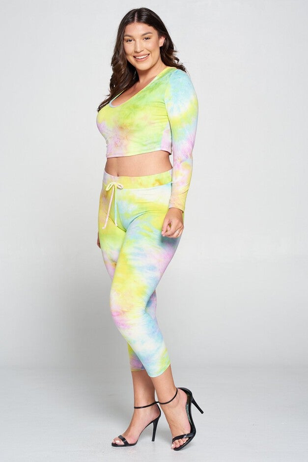 Crop Pullover Hoodie and Sweatpants Set, Yellow Tie Dye / Yellow, alternate image number 2