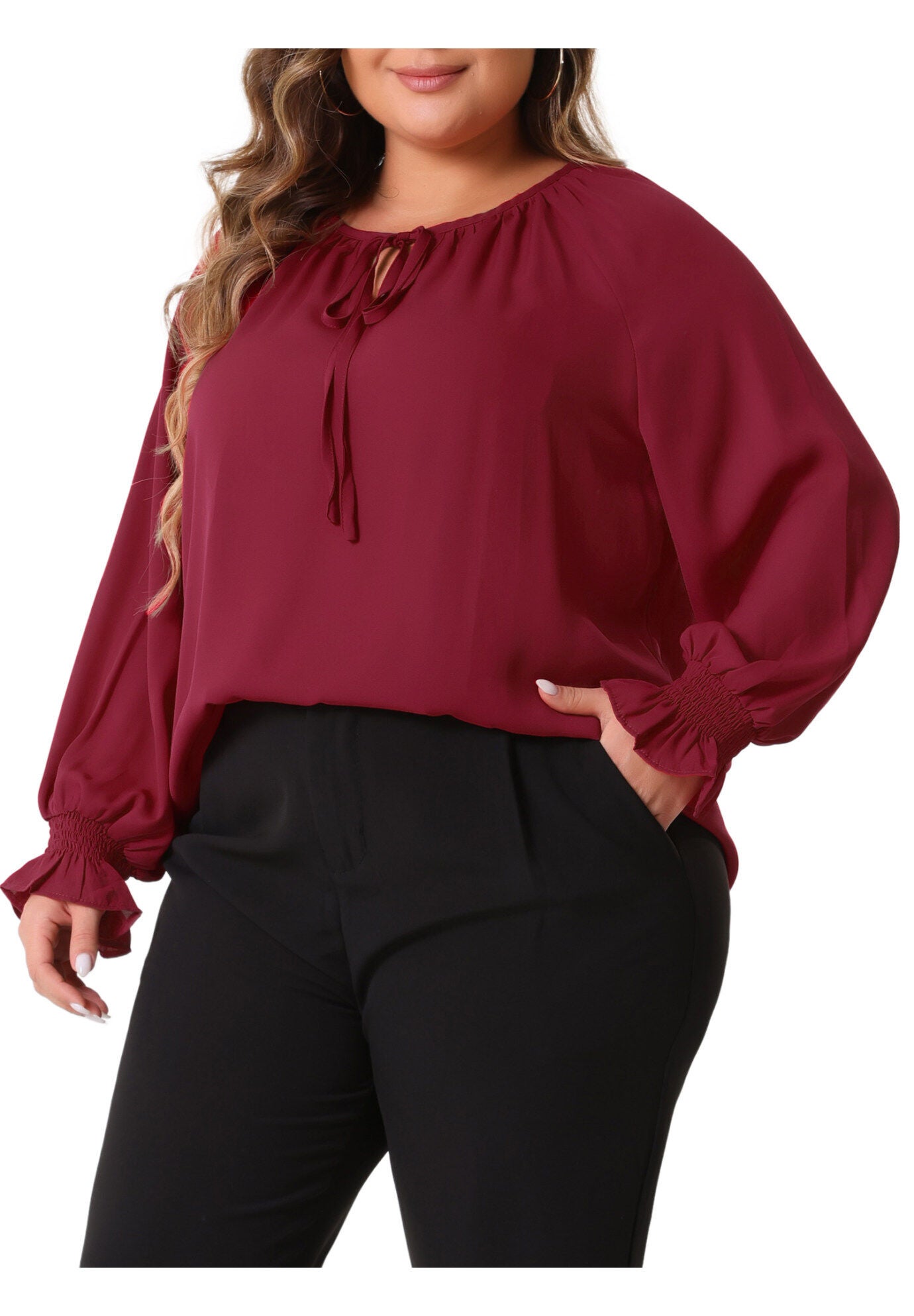 Casual V Neck Drawstring Long Sleeve Blouse Top, Burgundy / Burgundy, alternate image number 1
