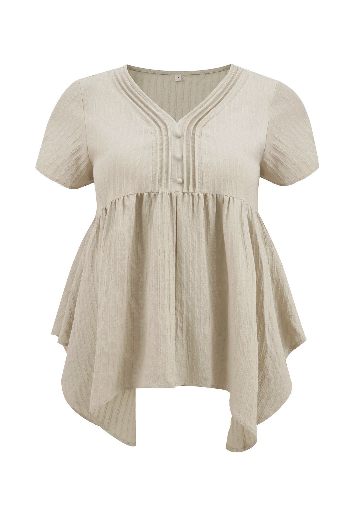 Texture Short Sleeve Pintuck Blouse Button Decor Hanky Asymmetric Hem Top, Apricot / Cream, alternate image number 3