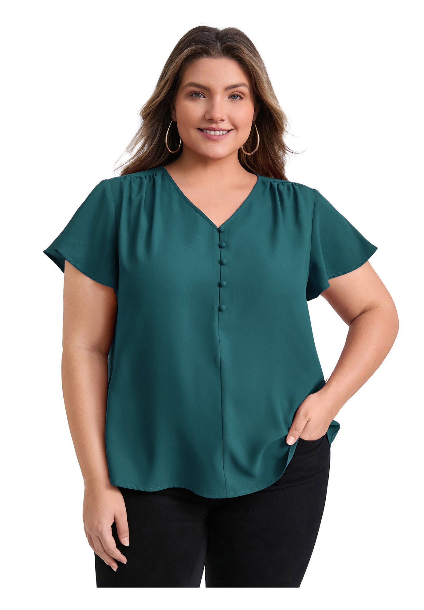 Pleated Ruffle Short Sleeve V Neck Button Decor Blouse Top, Teal / Teal, hi-res image number 0