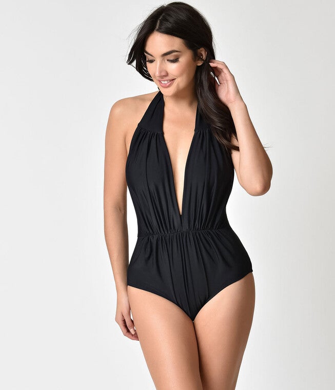 Unique Vintage Black Halter Shirred Derek One Piece Swimsuit, , alternate image number null