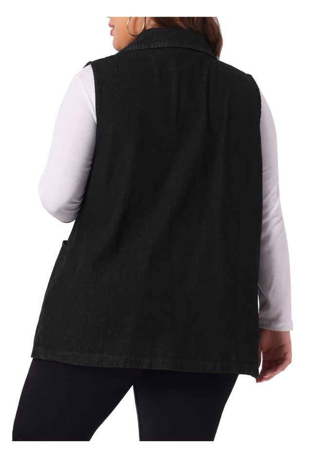 SLEEVELESS LAPEL LONG JEAN DENIM TUNIC VEST, Black / Black, alternate image number 3