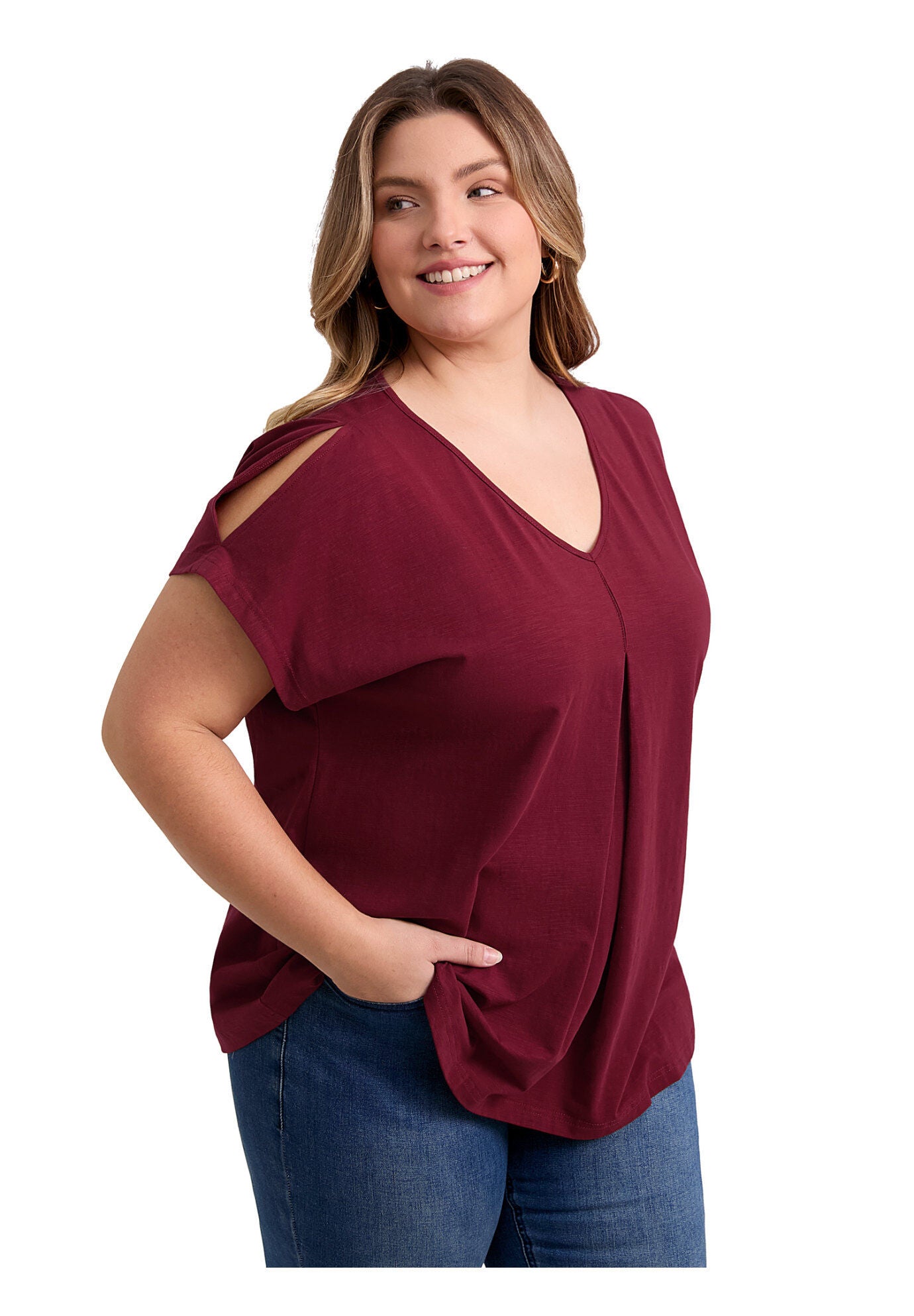 Front Pleated V Neck Slit Sleeve Blouses Cold Shoulder Casual Summer Tee Top, Dark Burgundy / Burgundy, hi-res image number 0