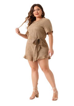 SHORT SLEEVE RUFFLE FRONT TIE SHORT JUMPSUIT ROMPER