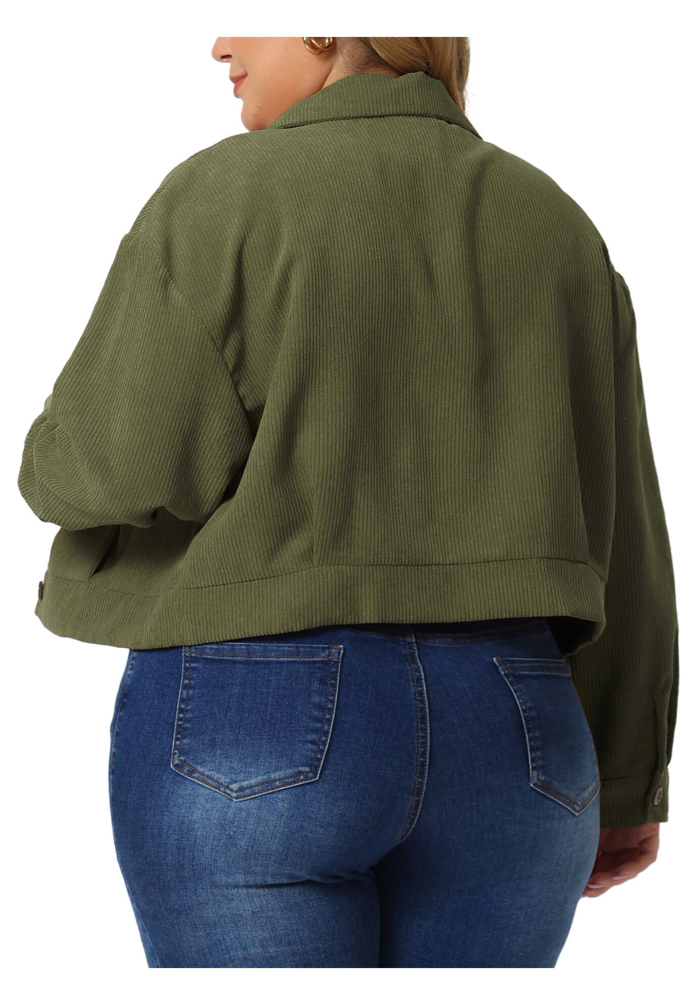 CORDUROY CROPPED BUTTON DOWN LONG SLEEVE SHIRT SHACKET JACKET, Army Green / Olive Green, alternate image number 3