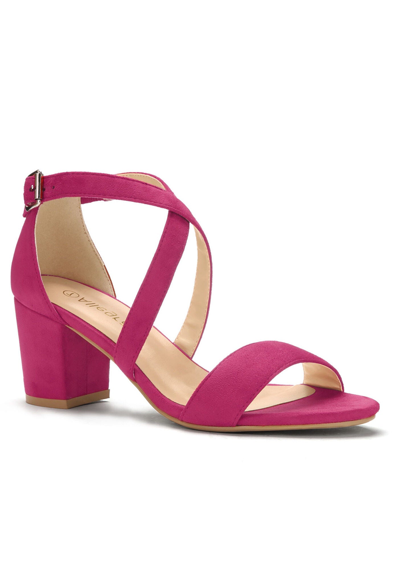 Open Toe Cross Strap Mid Block Heel Sandals, Hot Pink / Deep Fuchsia, hi-res image number 0