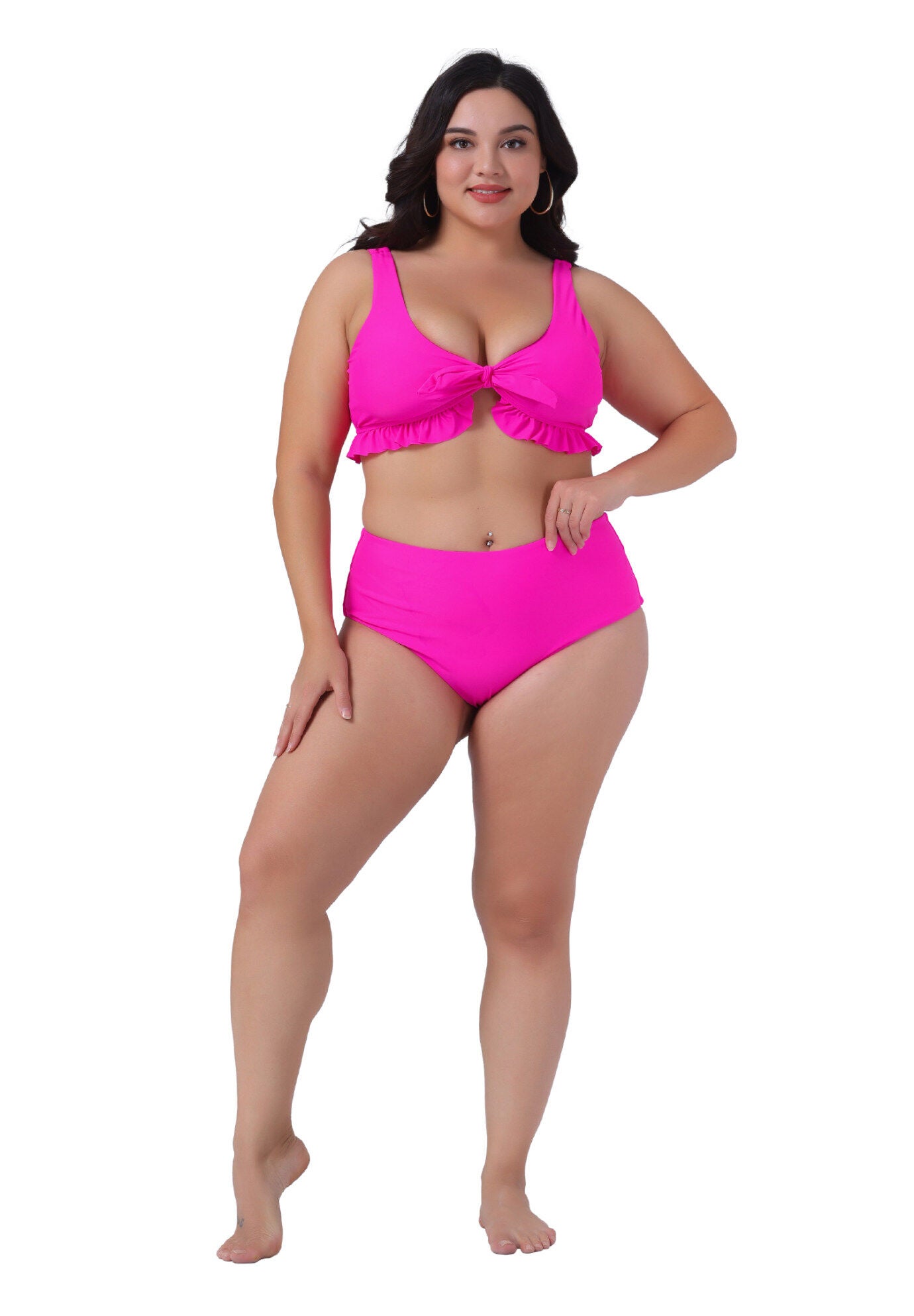 Two Piece High Waisted Swimsuit, Hot Pink / Deep Fuchsia, hi-res image number 0