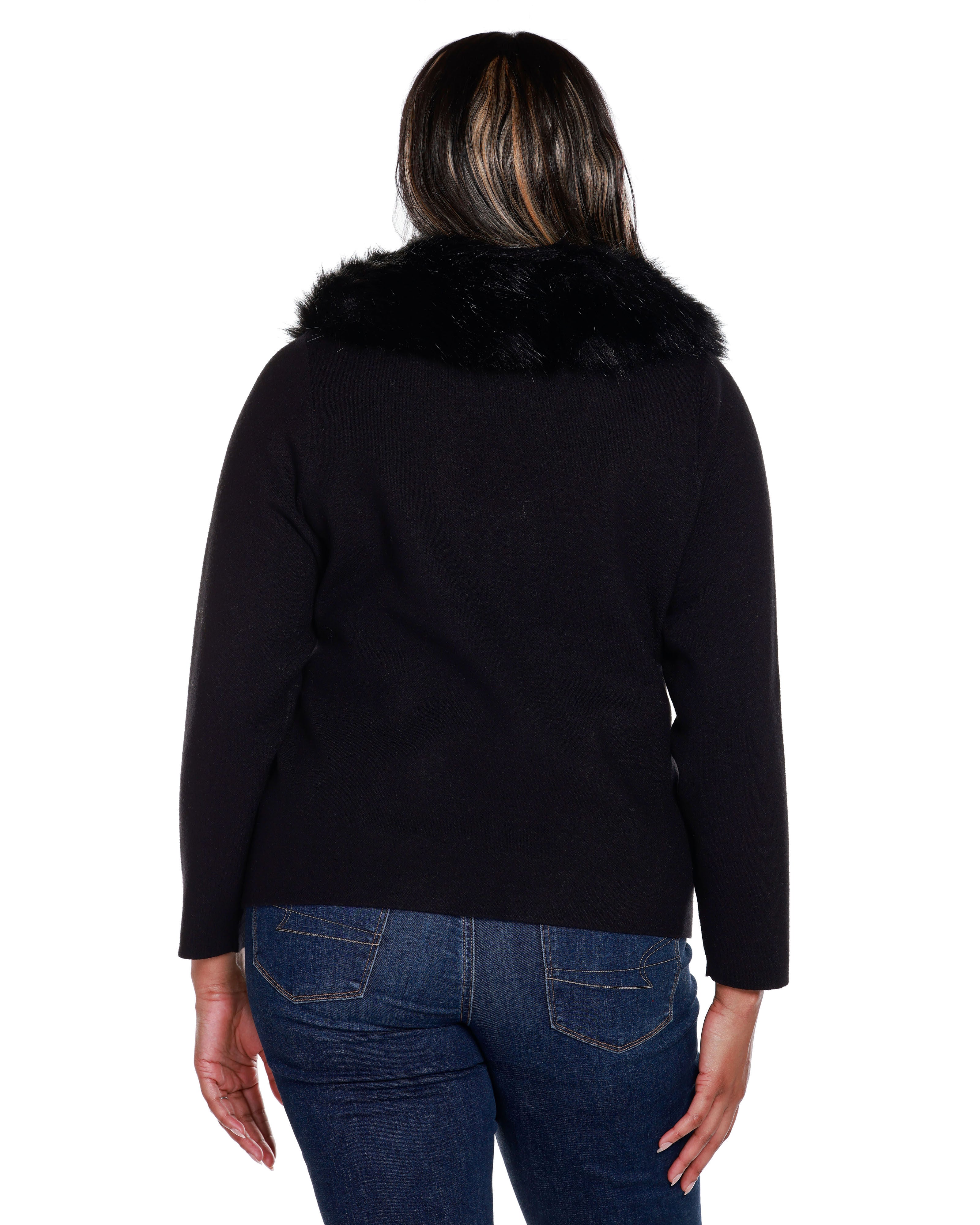 FAUX FUR COLLAR SHORT ZIP CARDIGAN SWEATER, Black / Black, alternate image number 1