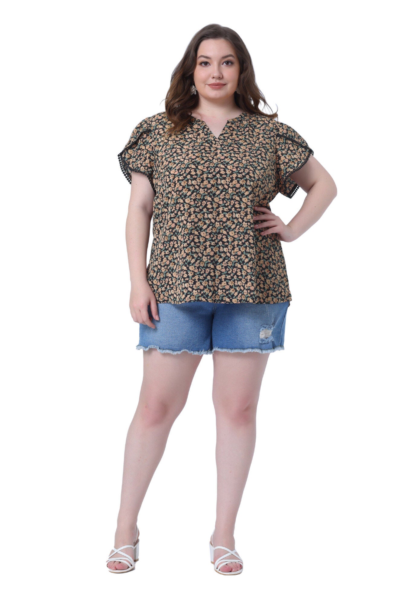 Floral V Neck Tulip Sleeve Shirt Summer Top, Black / Black, hi-res image number 0