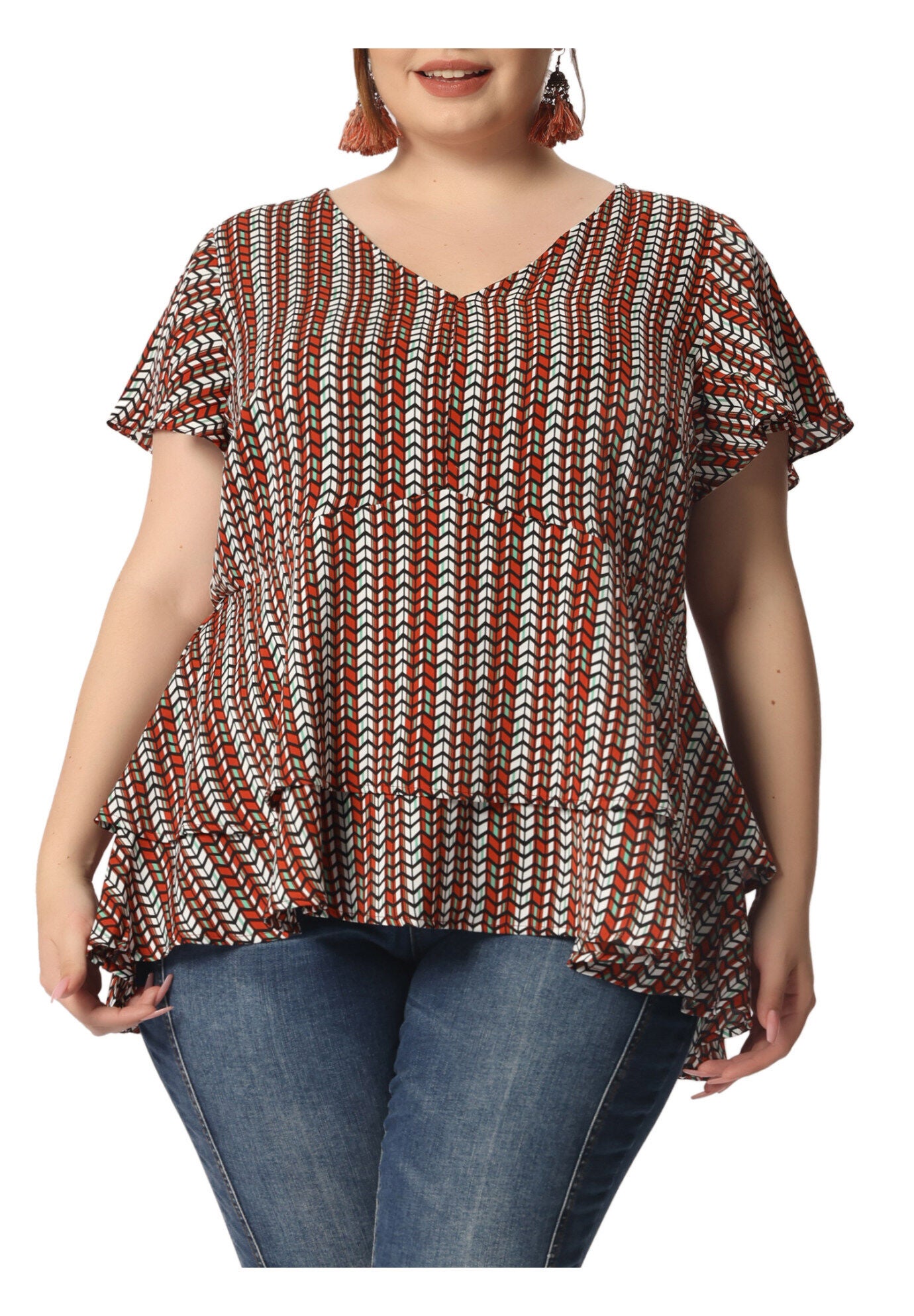 Summer Top V Neck Short Sleeve Peplum Geometric Print Layered Ruffle Blouse, Red / Red, alternate image number 1