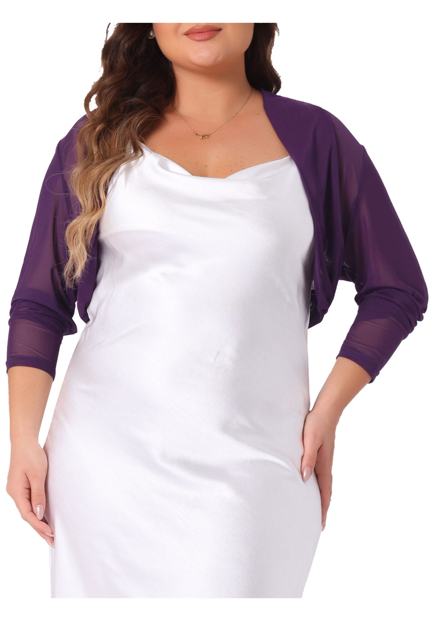 LONG SLEEVE SHEER BOLERO SHRUG MESH CROP CARDIGAN, Purple / Purple, alternate image number 2