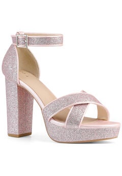 Glitter Platform Crisscross Strap Chunky Heels Sandals