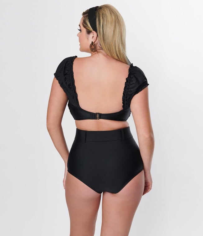 Unique Vintage Black High Waist Belted Swim Bottom, , alternate image number null