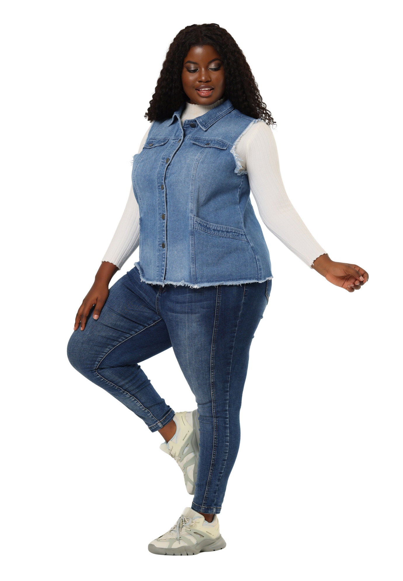 BUTTON FRONT LAPEL FRAYED WASHED SLEEVELESS LONG DENIM VEST, Blue / Light Blue, hi-res image number 0