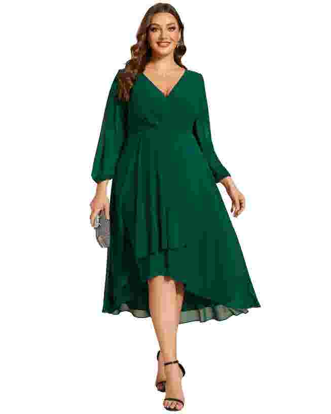 Long Sleeves Asymmetrical Hem A-Line Midi Wedding Guest Dress | Dia & Co