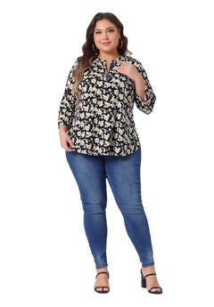 3/4 Sleeve Zip Up Floral Print V Neck Pullover Blouse Top