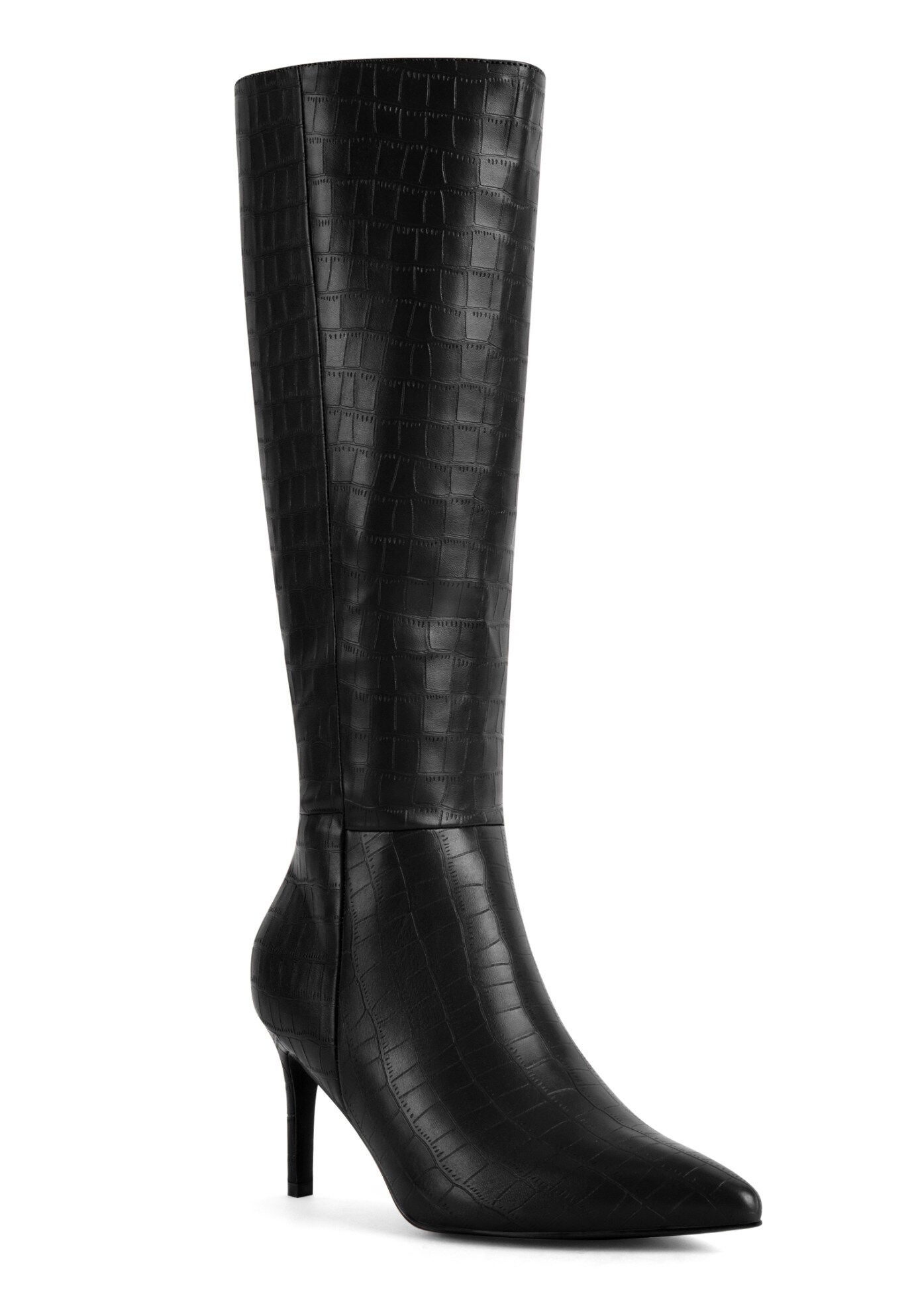 Stone Pattern Stiletto Heels Knee High Boots, Black / Black, hi-res image number 0