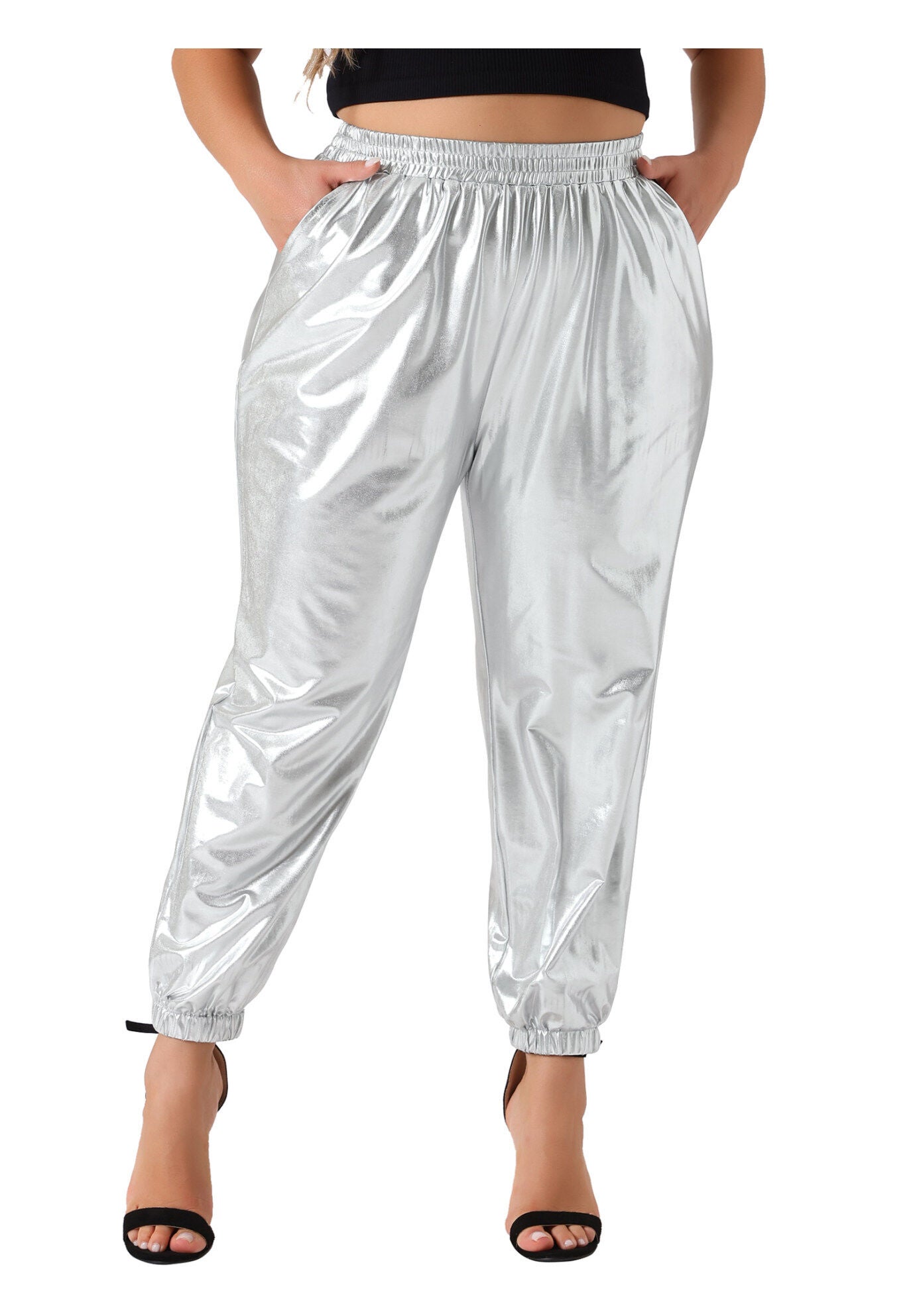 METALLIC SHINY HIGH WAIST STRETCHY HOLOGRAPHIC JOGGER SWEATPANT, Silver / Silver, alternate image number 4