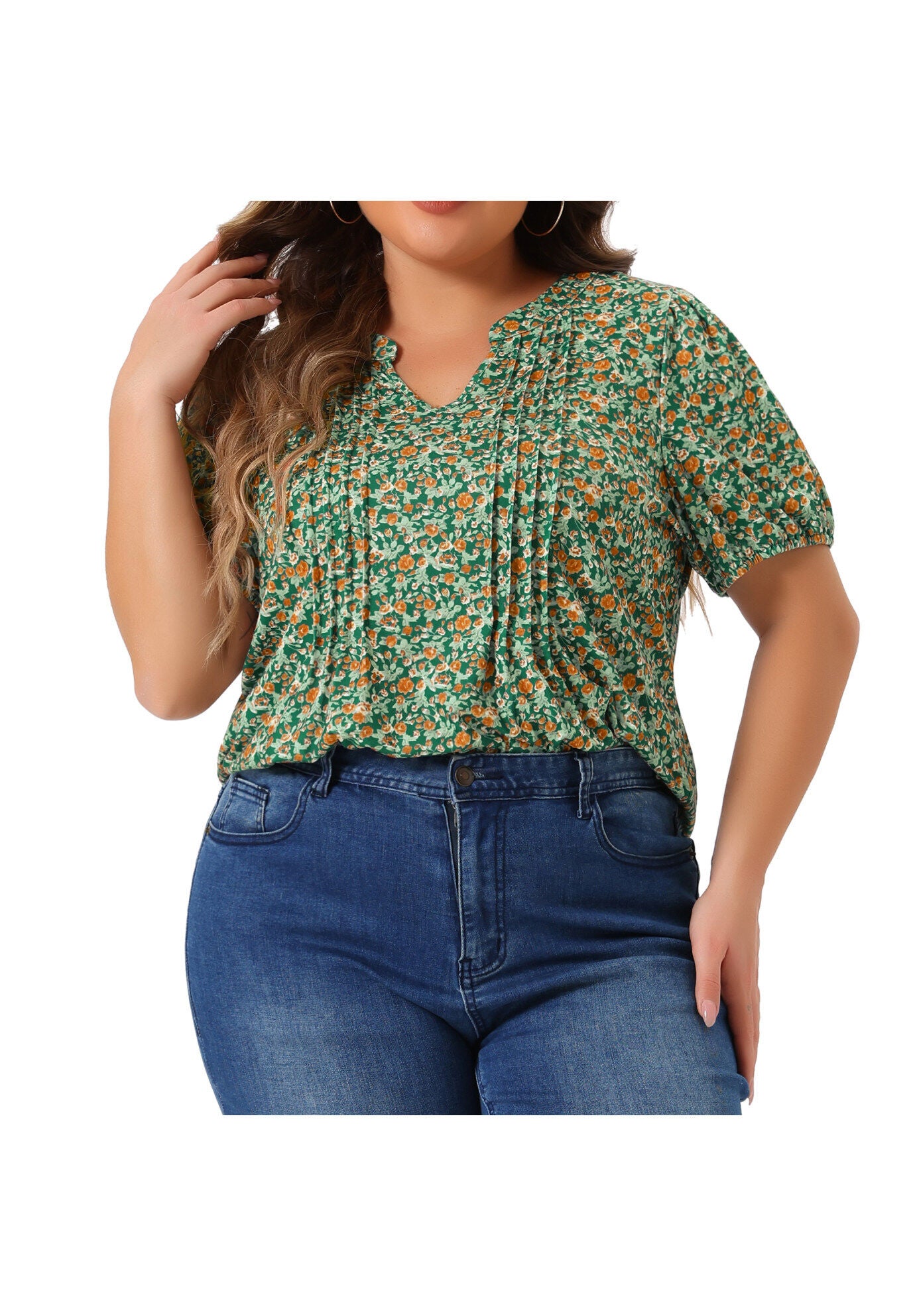 Short Sleeve Pleated T-Shirts Notched V Neck Blouse Floral Top, Green / Sage Green, alternate image number 1