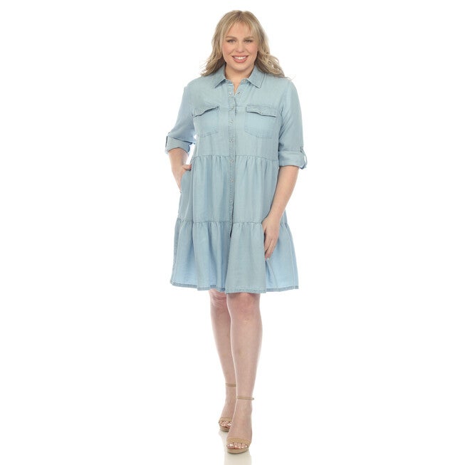 Long Sleeve Tiered Midi Shirt Dress, Denim Blue / Chambray Denim Medium, hi-res image number null