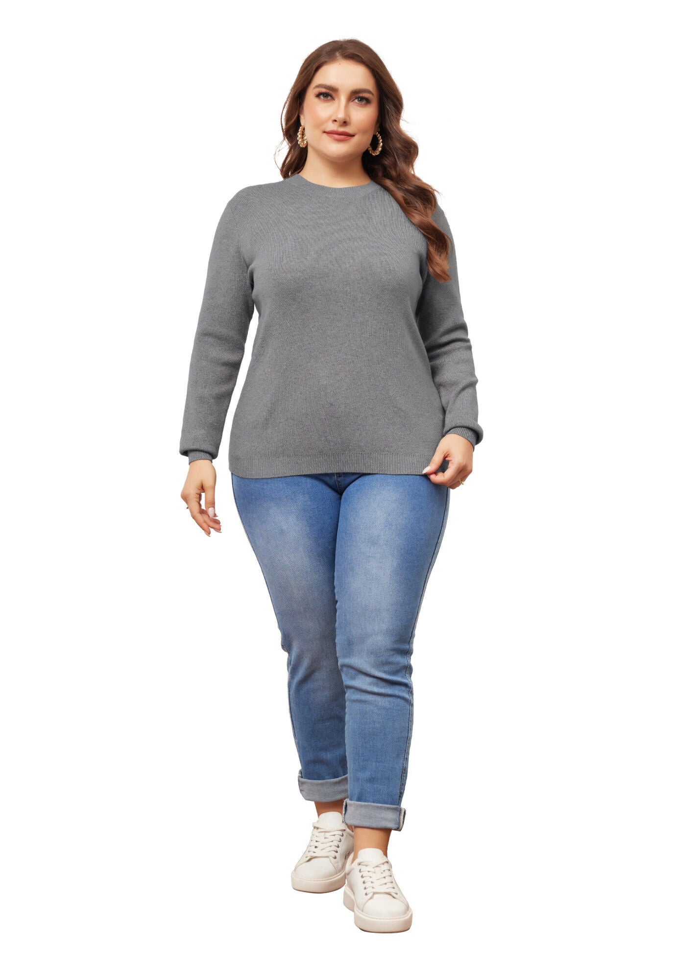 Long Sleeve Crewneck Knit Sweater Tee Top, Grey / Cool Gray, hi-res image number 0